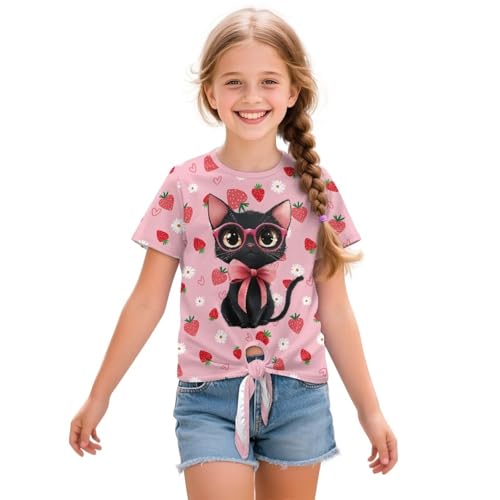Xhuibop Girls Short Sleeve T-shirt Summer Outfits Tie Bow Front Tops for Kids 5-12 Graphic Tees