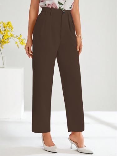 Image of Shasmi Women's High Waist Pleated Straight Leg Trousers - Elegant Solid Color Work Pants with Pockets, Casual Office Wear Polyester Blend Wide Leg Suit Pants (Trouser 235)
