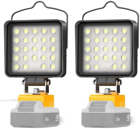 2 Pcs Cordless LED Work Light for Dewalt 20v Max Battery, 96W 10000LM Battery Light for Dewalt 20v Tools, Portable Outdoors Flood Lighting with USB & Type-C Charging Port, Low Voltage Protection