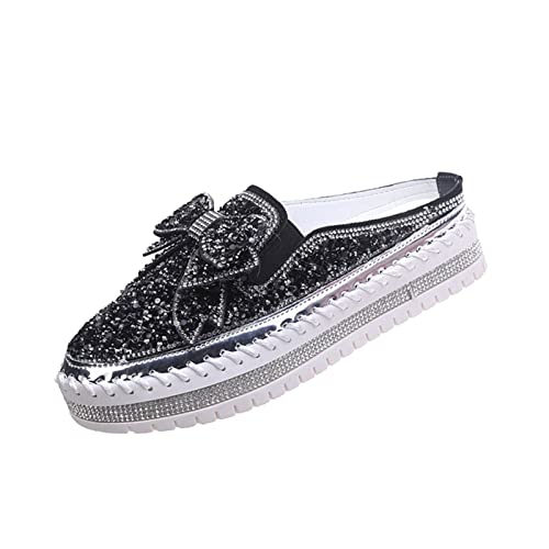 Image of Women's Platform Rhinestones Glitter Sneakers,Fashion Cute Bow Comfy Breathe Canvas Hand-Stitching Slip On Casual Walking Flat Loafers
