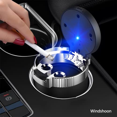Windshoon Car Ashtray With Lid, Portable Ashtray For Car, Detachable Stainless Steel Smokeless Ashtray With Led Blue Light, Windproof For Car Travel, Mini Car Trash Can(Silver) #TOP5