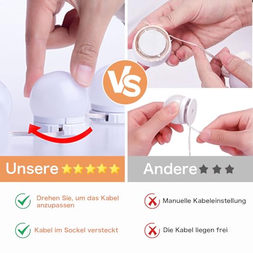 Akynite Spiegelleuchte Hollywood 14 LED Birnes, 3 Farbwechsel und 10 Helligkeit, Spiegellampe USB mit Schalter und Kabel, Schminktisch Beleuchtung Dimmbar, DIY Licht für Kosmetikspiegel Bad