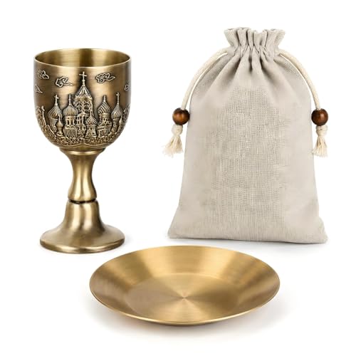 Ferrochef Embossed Brass Ritual Altar Chalice Set with Metal Tray & Storage Pouch Medieval Vintage Goblet Wine Cup Religious Spiritual Ceremony Drinking Cup Gift Home Collection