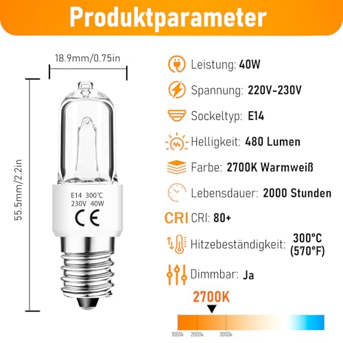 Jaenmsa Backofenlampe 40W 300 Grad E14& 2er-Pack Ofenlampe & Glühbirne Dimmbar 230V, bis 300°C Hitzebeständiges, 2700K Warmweiß für Neff Bosch Backofen Kühlschrank Mikrowelle Dunstabzugshaube