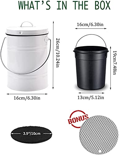Compost Bin for Kitchen Counter, LALASTAR Small Metal Compost Bin Indoor Kitchen Sealed with Lid for Food Waste, Countertop Composter Container, White, 1 Gallon