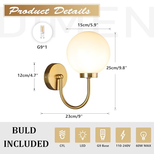Image of Mid Century Wall Mounted Light Fixture 1 Light Vintage Gold Sconces Wall Lighting White Glass Globe Antique Brass Wall Lamp for Living Room Bedside Stairs Bathroom Mirror MCL12GD-1 (1pack)