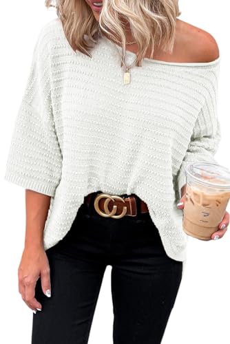 Women's Beige Textured Knit Short Sleeve Sweater - Versatile One Shoulder Style