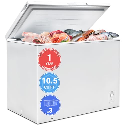 Chest Freezer 10.5 Cu.Ft, Deep Freezer, Freestanding Top Door Freezer Chest, 3 Removable Basket and Front Defrost Water Drain Chest Freezers for Garages, Kitchen, Commercial White