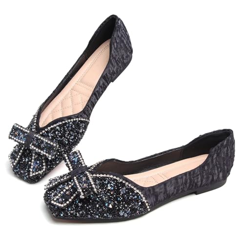 Image of SAILING LU Women's Rhinestone Square Toe Bowknots Ballet Flats Loafers