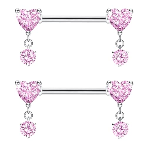 Besyvvin 2er Brustwarzenpiercing 14mm Rosa Nippelpiercing Chirurgenstahl Herz Piercing Nippel Brustwarze Ring Damen Frau