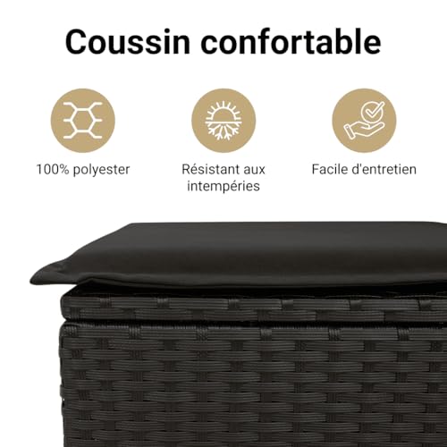 Banc de jardin en résine tressée noire avec coussins de terrasse