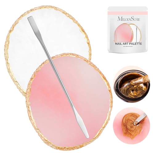 Image of MelodySusie 2Pcs Round Resin Nail Art Palette with Spatula, Professional Gel Polish Mixing Board & Nail Training Companion for Practice Hands & Fingers, Pink & White