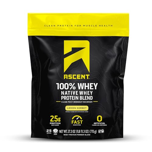 Image of Ascent 100% Whey Protein Powder - Post Workout Whey Protein Isolate, Zero Artificial Flavors & Sweeteners, Gluten Free, 5.5g BCAA, 2.6g Leucine, Lemon Sorbet 1.7 lb