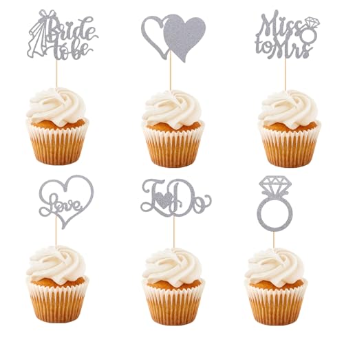 12Pcs Cupcake Toppers, Silver Cake Toppers with Diamond Ring Bride, 3D Heart Wedding Dress Cupcake Topper for Bridal Shower Wedding Engagement Bachelorette Party Cake Decorations