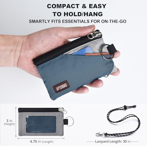 RFID Travel Wallet with Adjustable Lanyard-Zipper Small Wallet with ID Card Holder, Keychain for women&men-Minimalist Slim Waterproof Nylon case for ID, Cash, Key (SlateBlue+Grey)4