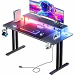 HLDIRECT 47 Inch Gaming Desk with LED Lights & Power Outlet, Computer Gamer Desk with Monitor Stand, Ergonomic Carbon Fiber Gaming Table Home Office Desk with Cup Holder, Headphone Hook & Mouse Pad