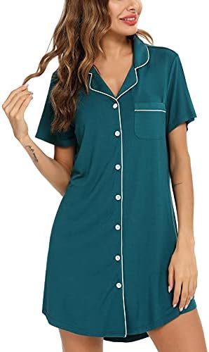 Samring Women's Button Down Nightgown Short Sleeve Nightshirt V-Neck Sleepwear Boyfriend Sleepshirt Pajama Dress Green XL