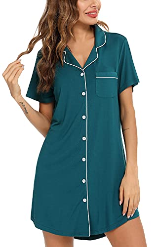 Samring Women's Button Down Nightgown Short Sleeve Nightshirt V-Neck Sleepwear Boyfriend Sleepshirt Pajama Dress Green Xl #TOP1