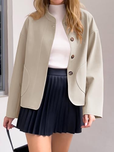 Tankaneo Womens Short Pea Coats Oversized Long Sleeve Button Down Casual Bomber Jackets with Pockets3