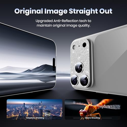 Image of Hoerrye for iPhone 17 Pro Max Camera Lens Protector - [12FT Shatterproof Military Grade] [Strong Adsorption] Metal 9H+ Tempered Glass Camera Screen Full Cover Case Friendly,Glitter Silver