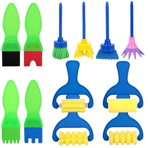 BIGOTTERS 12PCS Kids Paint Brushes, Sponge Paint Roller Brush,Washable Painting Brushes Set All Purpose Paint Supplies for Kids Gifts School Prizes Art Early Learning