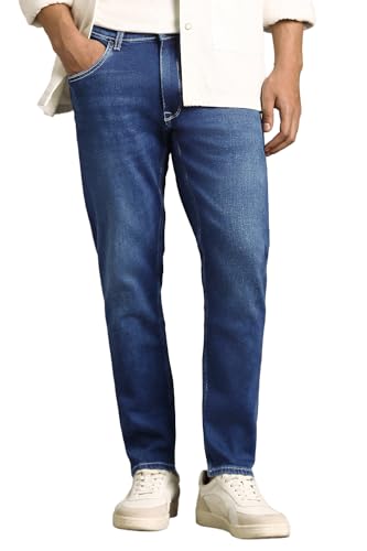 Image of Louis Philippe Men's Slim Fit Stretch Fabric for Comfort Authentic Twill and Durable Ankle Length Cropped Jeans