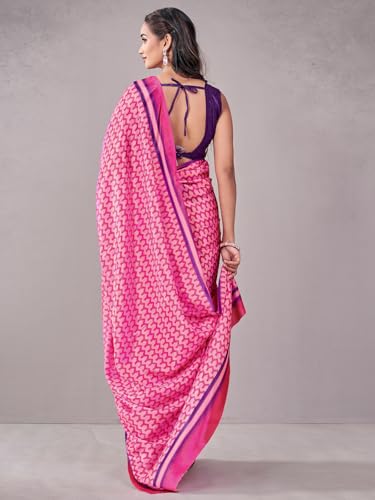 Image of Satrani Women's Chinnon Printed Saree with Unstitched Blouse Piece