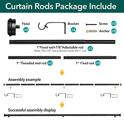 Time Forest 2 Pack Heavy Duty Curtain Rods For Windows 66 To 120 Inch, 1 Inch Black Curtain Rods For Bedroom, Living Room, Patio, Kitchen, Farmhouse, Adjustable Easy Install Curtain Rods (2 Pack Black,66-120) #TOP6