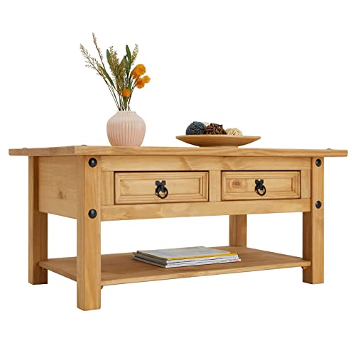 Table basse Salsa 100 cm pin massif 2 tiroirs IDIMEX