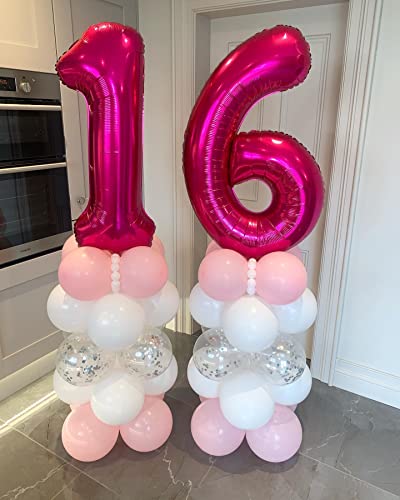 Image of 40 Inch Hot Pink 16 Number Balloons Giant Jumbo Huge 16 Foil Mylar Helium Number Balloons Dark Pink Birthday Mylar Digital Balloons 16th Birthday Anniversary Events Party Decorations Supplies