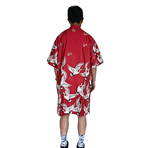 HAORUN Men Japanese Kimono Coat Loose Yukata Outwear Long Bathrobe Tops Vintage (Red-Satin, Large, l)3