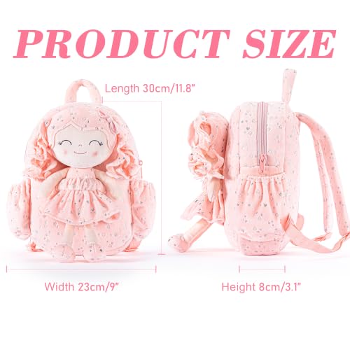 Image of Gloveleya Toddler Backpacks Baby Girl Gifts Curly Hair Plush Figures Dress Backpack - Silver Heart Accents in Pink 11''