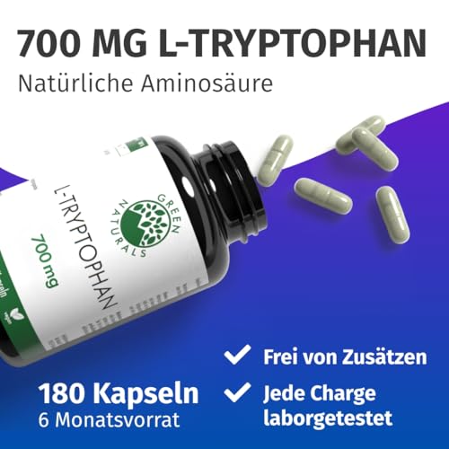 Green Naturals® L-Tryptophan Kapseln – Hochdosiert: 700 mg aus natürlicher Fermentation (rein pflanzlich) – 100% Vegan & ohne Zusätze – Premiumqualität aus Österreich – 180 Kapseln (6 Monate)