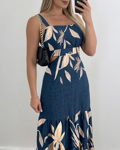Image of CHICME Summer Dresses for Women 2026 Sleeveless Casual Boho Maxi Dress Square Neck Cut Out Floral A Line Dress