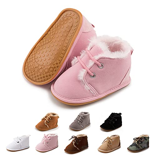 Image of Zoolar Baby Unisex Warm Snow Boots Newborn Leather Fur Lace Up Ankle Anti-Slip Rubber Texture Sole Toddler Prewalker Winter Crib Shoes