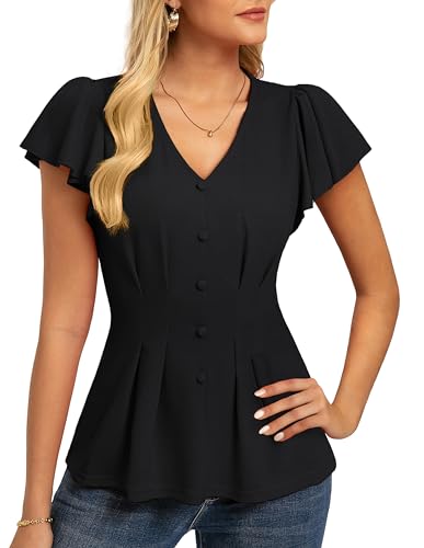 GRACE KARIN Summer Blouses for Women Dressy Casual, 2026 Ruffle Sleeve Peplum Tops, V Neck Business Work Shirts Black S