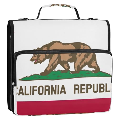 大きなファスナー付きバインダーオーガナイザー 3リングバインダー 1.5インチ Dリング カリフォルニア州旗 ストレージポートフォリオフォルダー ハンドル付き スクールバインダーバッグ ショルダーストラップ付き
