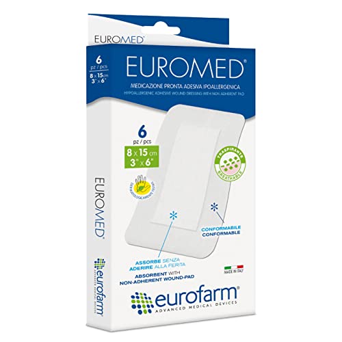 Eurofarm EUROMED (cm 15 x cm 8) Medicazione Adesiva Sterile in TNT Altamente Assorbente, Ipoallergenica e Traspirante. Confezione 6 Pezzi
