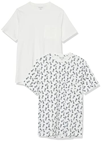 Amazon Essentials Camiseta de Manga Corta con Bolsillo, Cuello Redondo y Corte Recto Hombre, Pack de 2, Blanco/Estampado de Piñas, S
