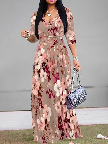 Image of Plus Size Dresses for Women Floral Print Maxi Dress Flowy 3 /4 Sleeve with Belt