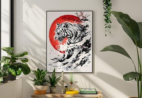 Décoration murale japonaise affiche vague hokusai rouge et noir 50x70