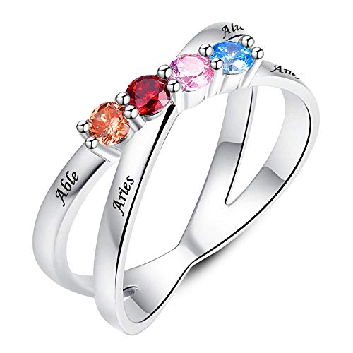 Bonlavie 925 Sterling Silver Engagement Promise Ring For Her Double Twisted Stacking 4 Round Birthstones Customized & Personalized Rings For Women Mother Size 7.5 #TOP14