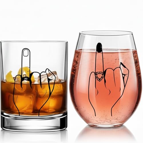 Funny Engagement/Wedding Gift for Couples – Ring Finger Wine and Whiskey Glass Set–Cool Bridal...