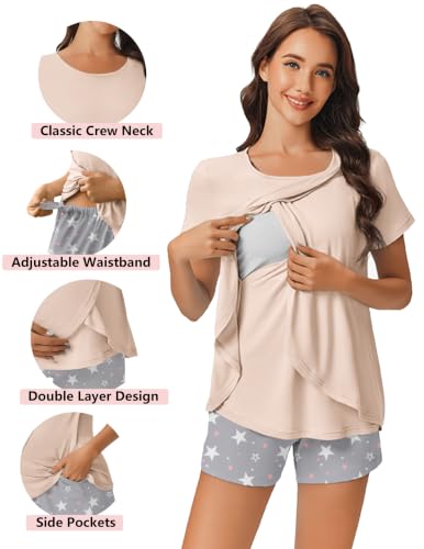 Image of Ekouaer 3 PCS Maternity Nursing Pajamas Set Postpartum Breastfeeding PJS | 3-Piece Set, Including Short Sleeve Shirts, Pregnancy Shorts & Pants, Buttery Soft, Skin-Friendly Feel