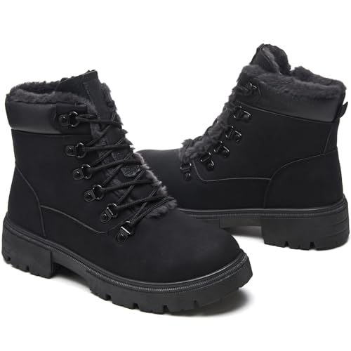 HEAWISH Women Winter Snow Boots with Fur Lined,Black Low heels Combat Ankle Boots,Non Slip Leather Ankle Boots for Women(Black,US9)