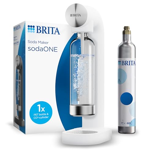 BRITA Wassersprudler sodaONE, weiß, inkl. CO₂-Zylinder und 3 BPA-freien PET-Flaschen, Macht aus Leitungswasser spritziges Sprudelwasser auf Knopfdruck, bis zu 60l pro Zylinder