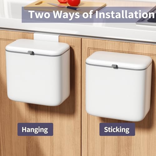 Image of Compost Bin Kitchen for Countertop or Under Sink, 2.6 Gallon Hanging Small Trash Can with Lid, Garbage Can for Cabinet Door, Indoor /outdoor Food Waste Bin for Kitchen, Bathroom, RV, Office, White