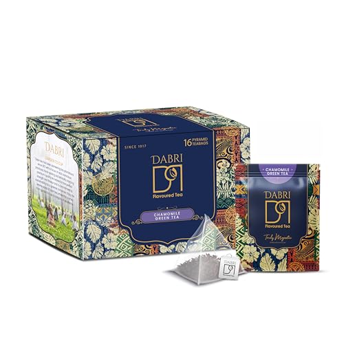 Image of Dabri Chamomile Green Tea 16 Pyramid Dip Tea Bags | Natural Whole Leaf & Chamomile Flowers | Relieves Menstrual Cramps & Stress | Aids Sleep & Digestion | Supports Glowing Skin & Strong Hair