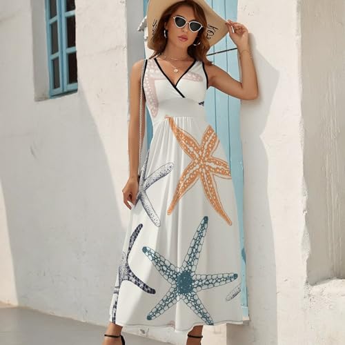 Robe Longue d'Été sans Manches Femmes | Robe Maxi de Plage Col V Décontracté