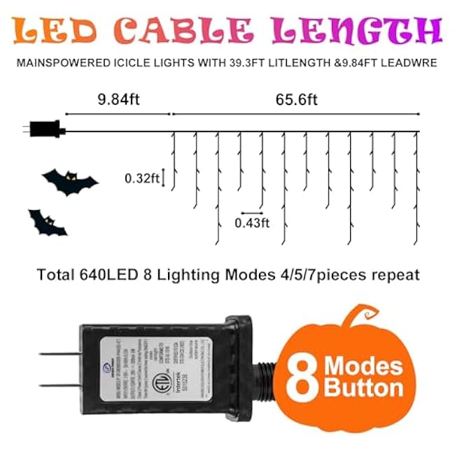 Halloween Lights Outdoor Decorations, 640 LED 66FT Orange and Purple Light, 8 Modes Plug in 120 Drops Ice String Lights with Timer Memory Function Hanging Light for Halloween Party Decor